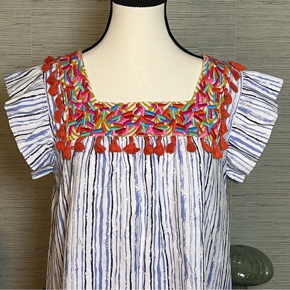 THML Embroidered Tassel Sun Dress Blue White Flutter Sleeves Women’s Size Small - Picture 4 of 10